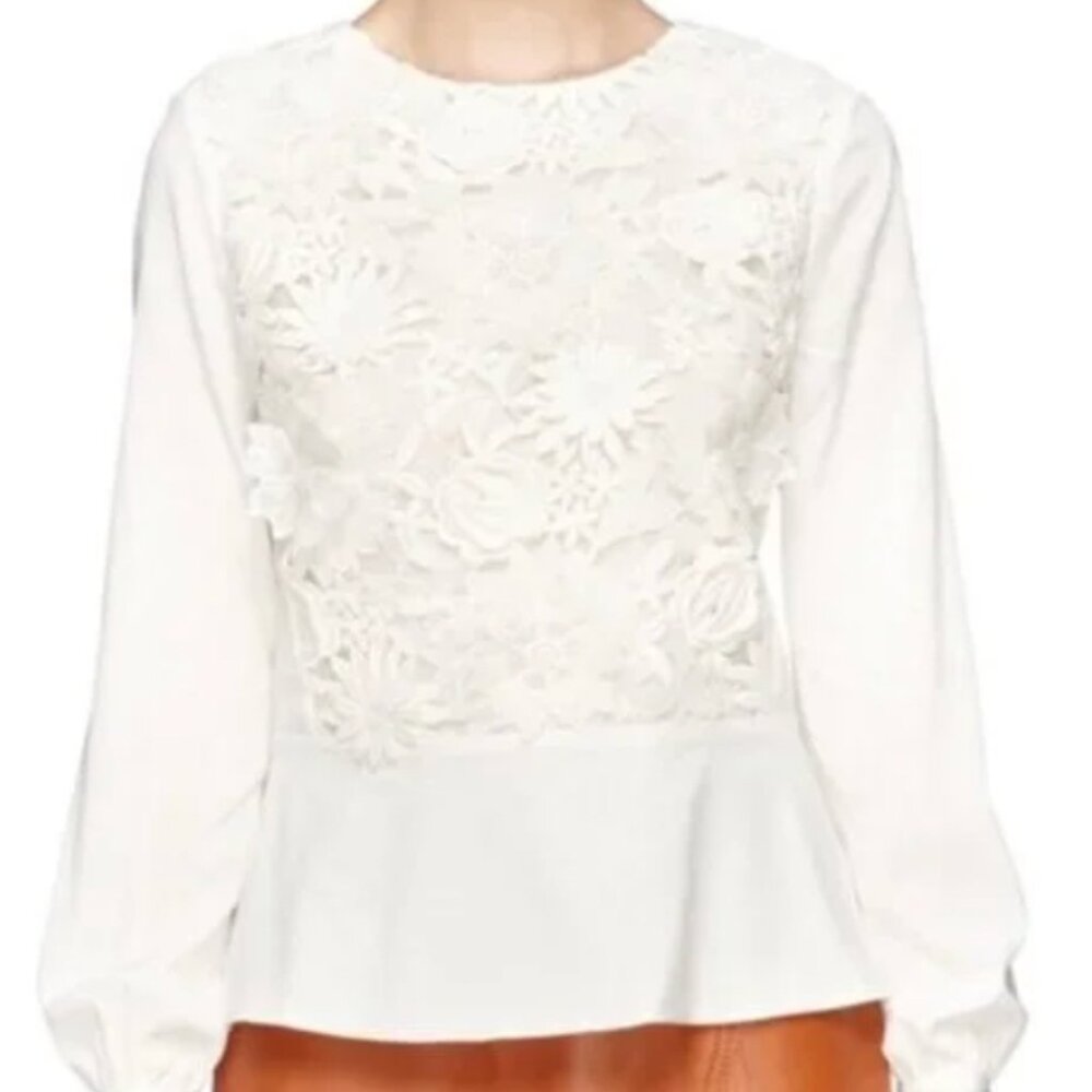 TORY BURCH creamy white silk long sleeve top with floral lace appliques